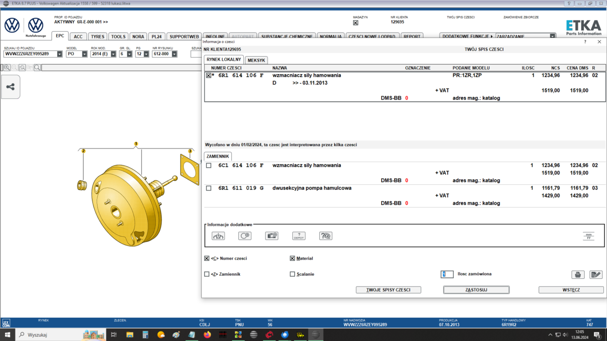 Screenshot from ETKA catalog showing part numbers